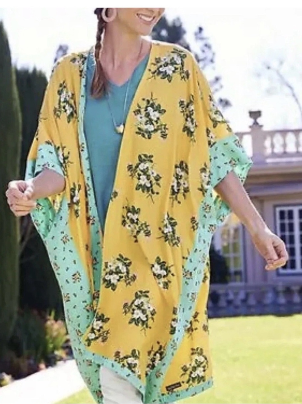 Matilda Jane What a Catch Kimono Beach Cover Up Yellow Floral Aqua Size M/L